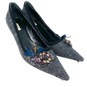 PRADA NAVY GREY TWEED KITTEN HEELS WITH BOW & RHINESTONES SIZE 7